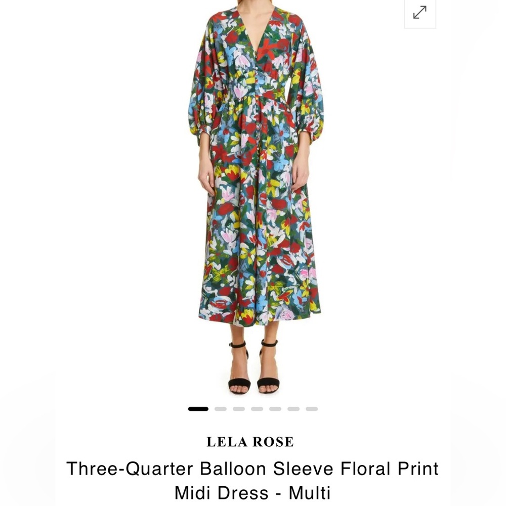 Lela Rose Three-Quarter Balloon Sleeve Floral Print Midi Dress - Multi